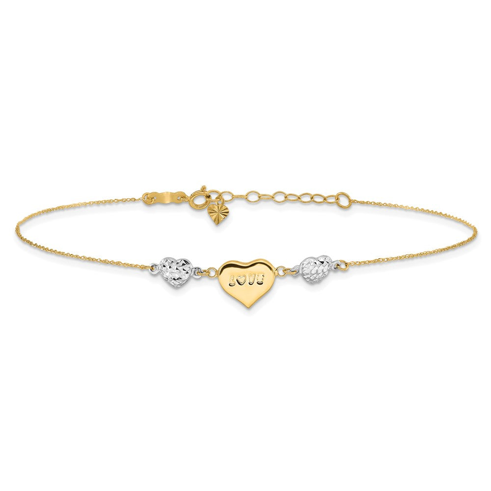 14K Two-tone Diamond-cut and LOVE Puffed Heart Anklet Plus Heart Dangle Extender 8mm - Chains