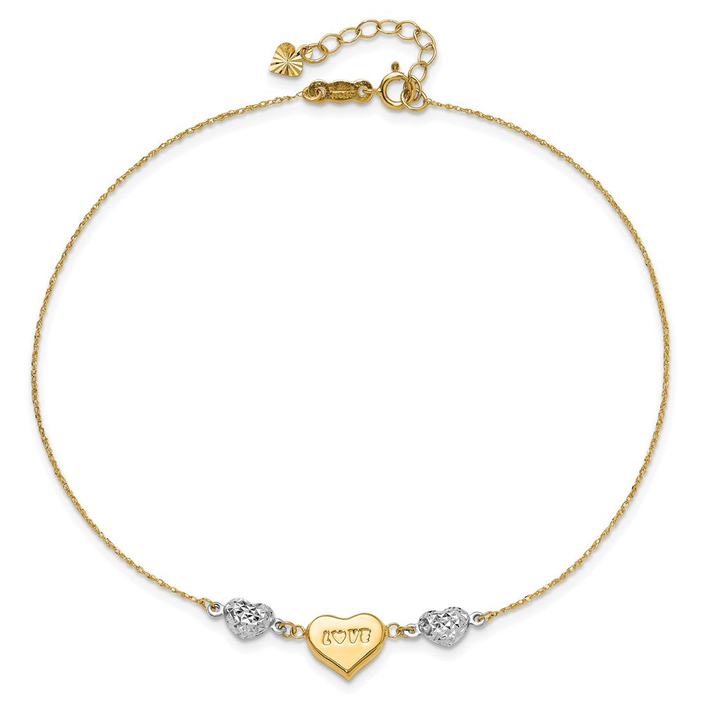 14K Two-tone Diamond-cut and LOVE Puffed Heart Anklet Plus Heart Dangle Extender 8mm - Chains