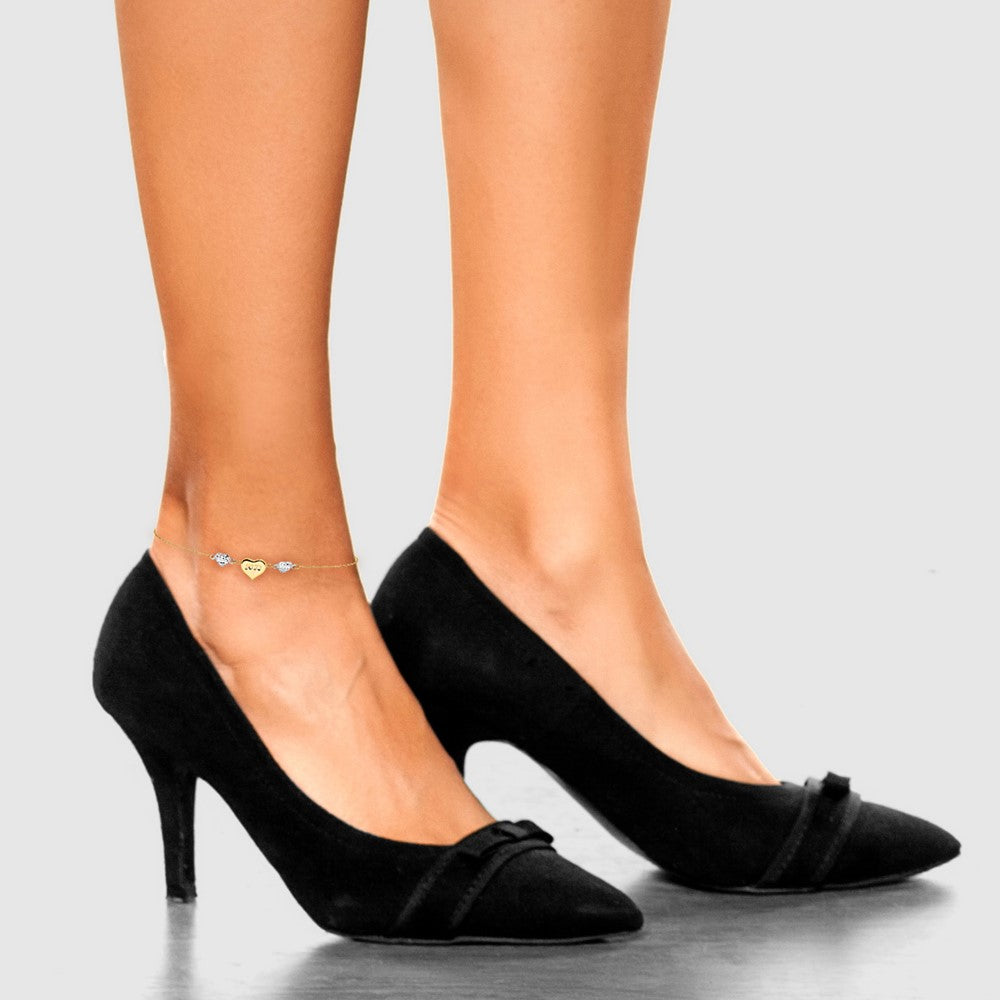 14K Two-tone Diamond-cut and LOVE Puffed Heart Anklet Plus Heart Dangle Extender 8mm - Chains