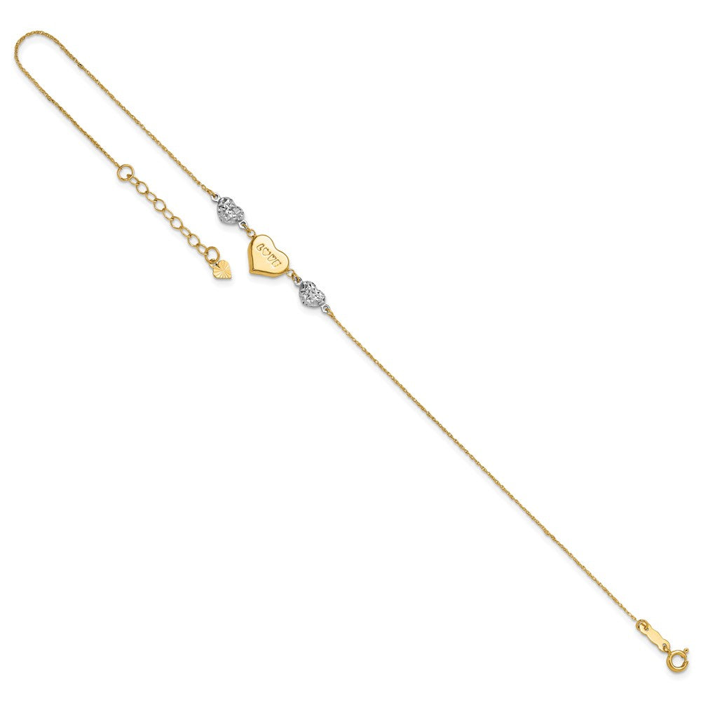 14K Two-tone Diamond-cut and LOVE Puffed Heart Anklet Plus Heart Dangle Extender 8mm - Chains