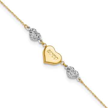 14K Two-tone Diamond-cut and LOVE Puffed Heart Anklet Plus Heart Dangle Extender 8mm - Chains