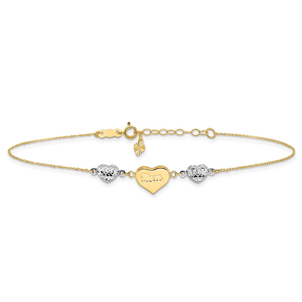 14K Two-tone Diamond-cut and MOM Puffed Heart Anklet Plus Heart Dangle Extender 9mm - Anklets