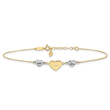 14K Two-tone Diamond-cut and MOM Puffed Heart Anklet Plus Heart Dangle Extender 9mm - Anklets