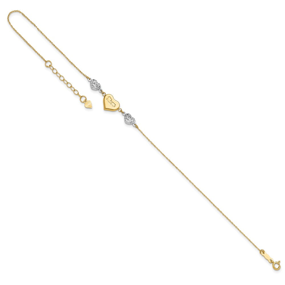 14K Two-tone Diamond-cut and MOM Puffed Heart Anklet Plus Heart Dangle Extender 9mm - Anklets