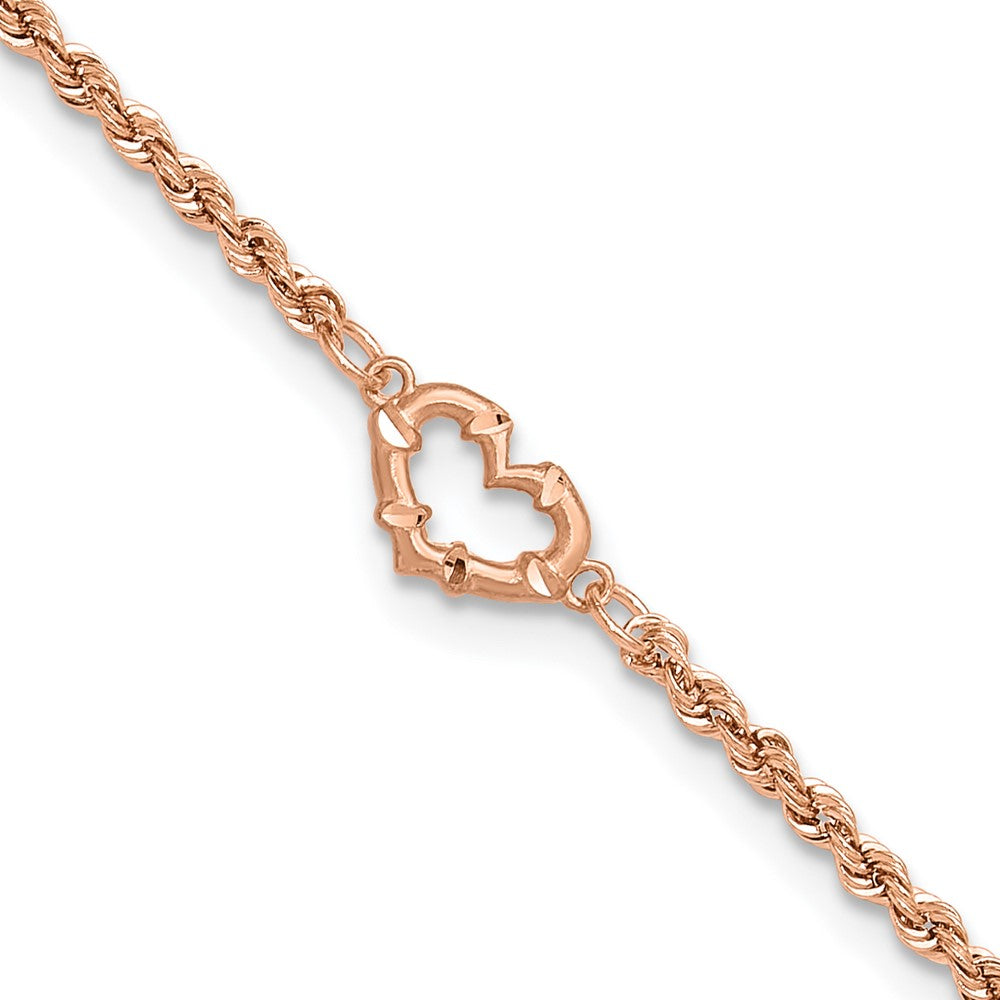14k Rose Gold Diamond-cut Open Heart and Rope Chain Anklet 7mm - Chains