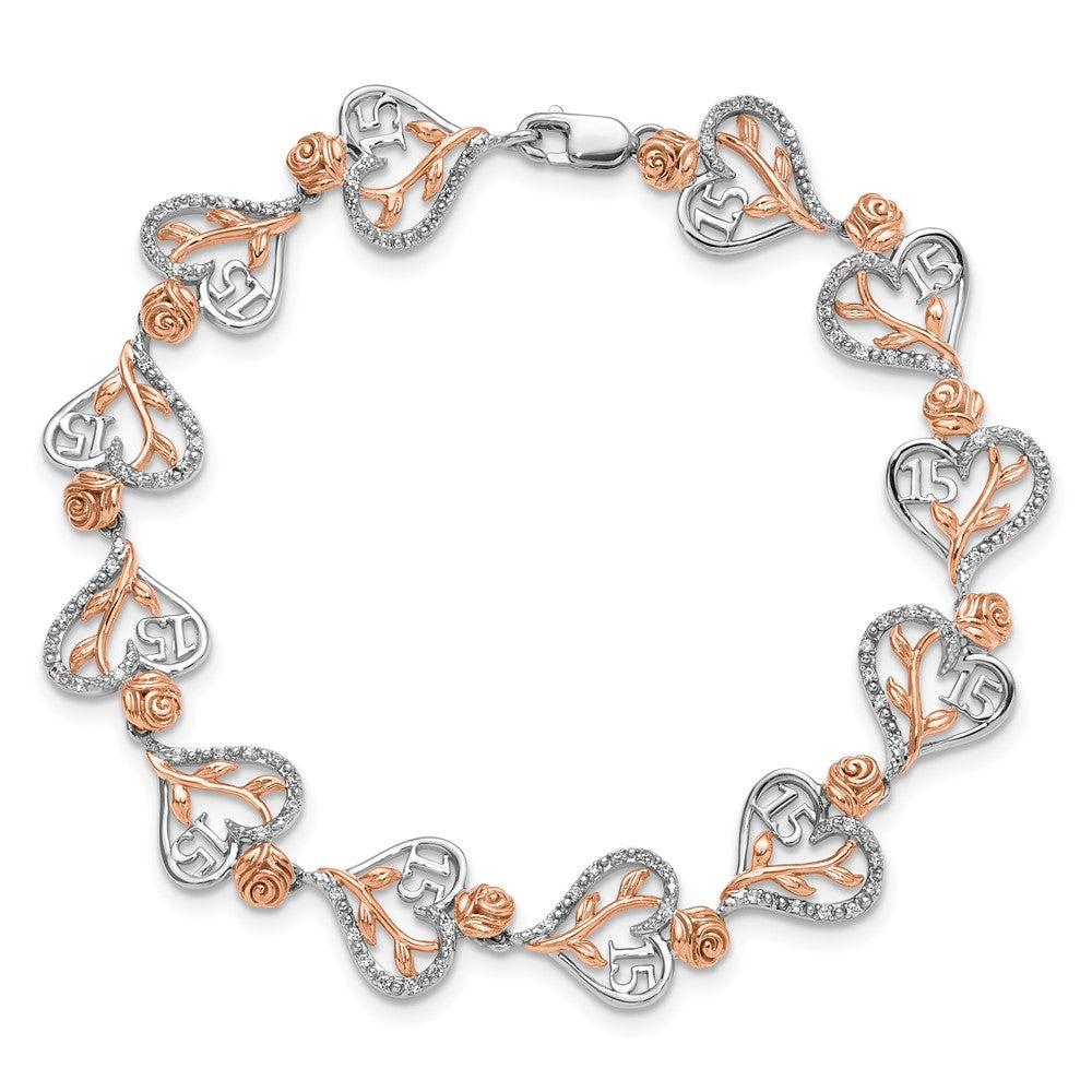 14K White and Rose Gold Complete 1/3 carat Diamond 15 and Rose Quinceanera Heart Bracelet 11.07mm - Bracelets