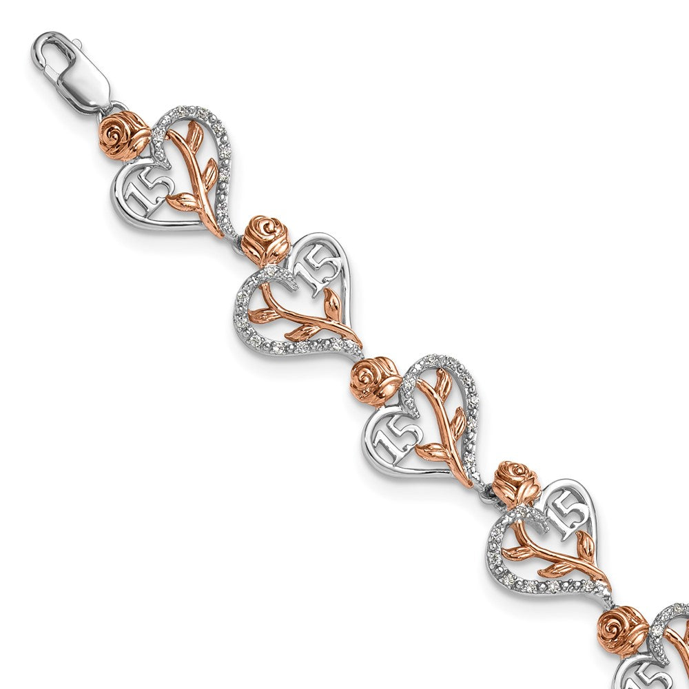 14K White and Rose Gold Complete 1/3 carat Diamond 15 and Rose Quinceanera Heart Bracelet 11.07mm - Bracelets
