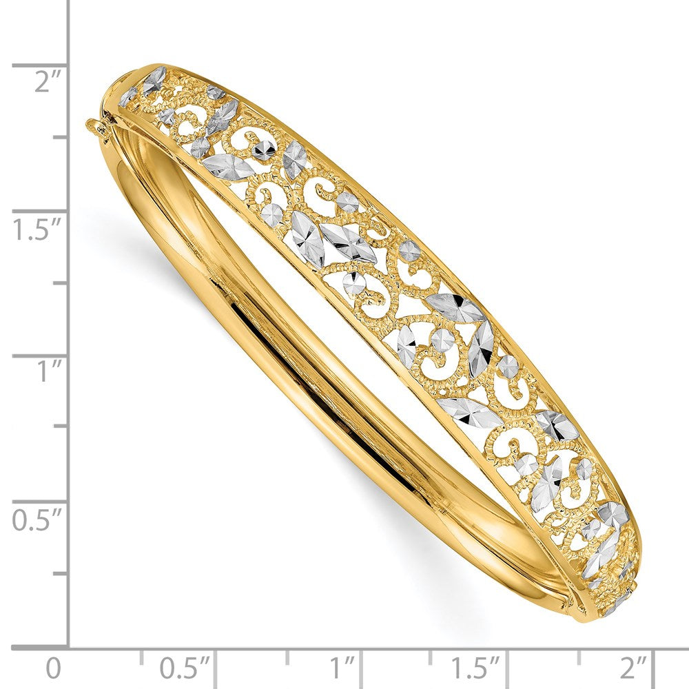 14K with White Rhodium Diamond-cut Filigree Graduated Hinged Oval Bangle Bracelet 9mm - Bracelets