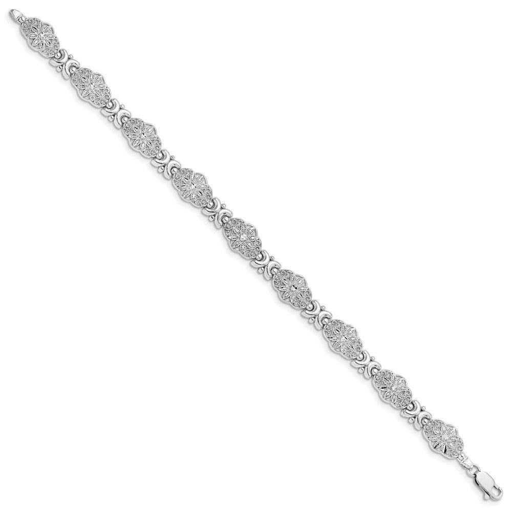 14K White Gold Polished and Textured Fancy Floral Link Bracelet 8.6mm - Bracelets