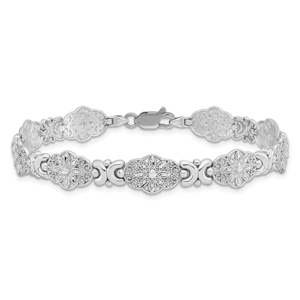 14K White Gold Polished and Textured Fancy Floral Link Bracelet 8.6mm - Bracelets