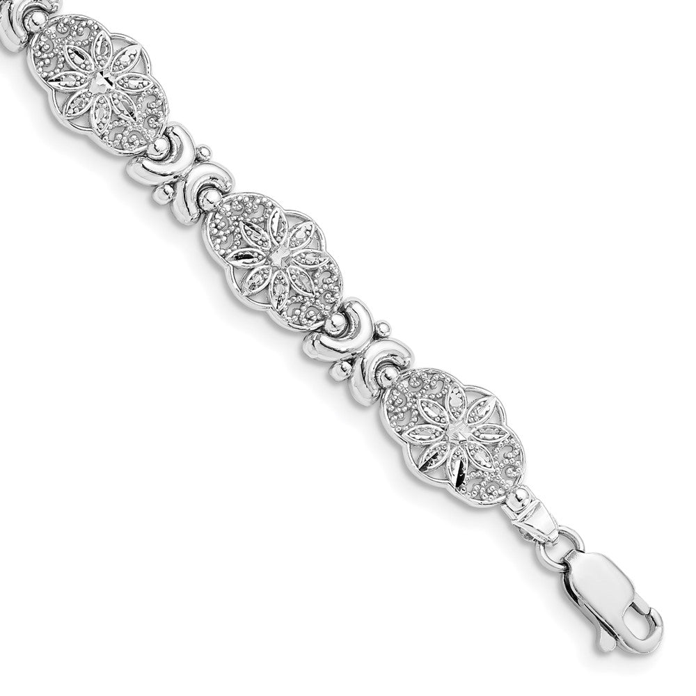 14K White Gold Polished and Textured Fancy Floral Link Bracelet 8.6mm - Bracelets