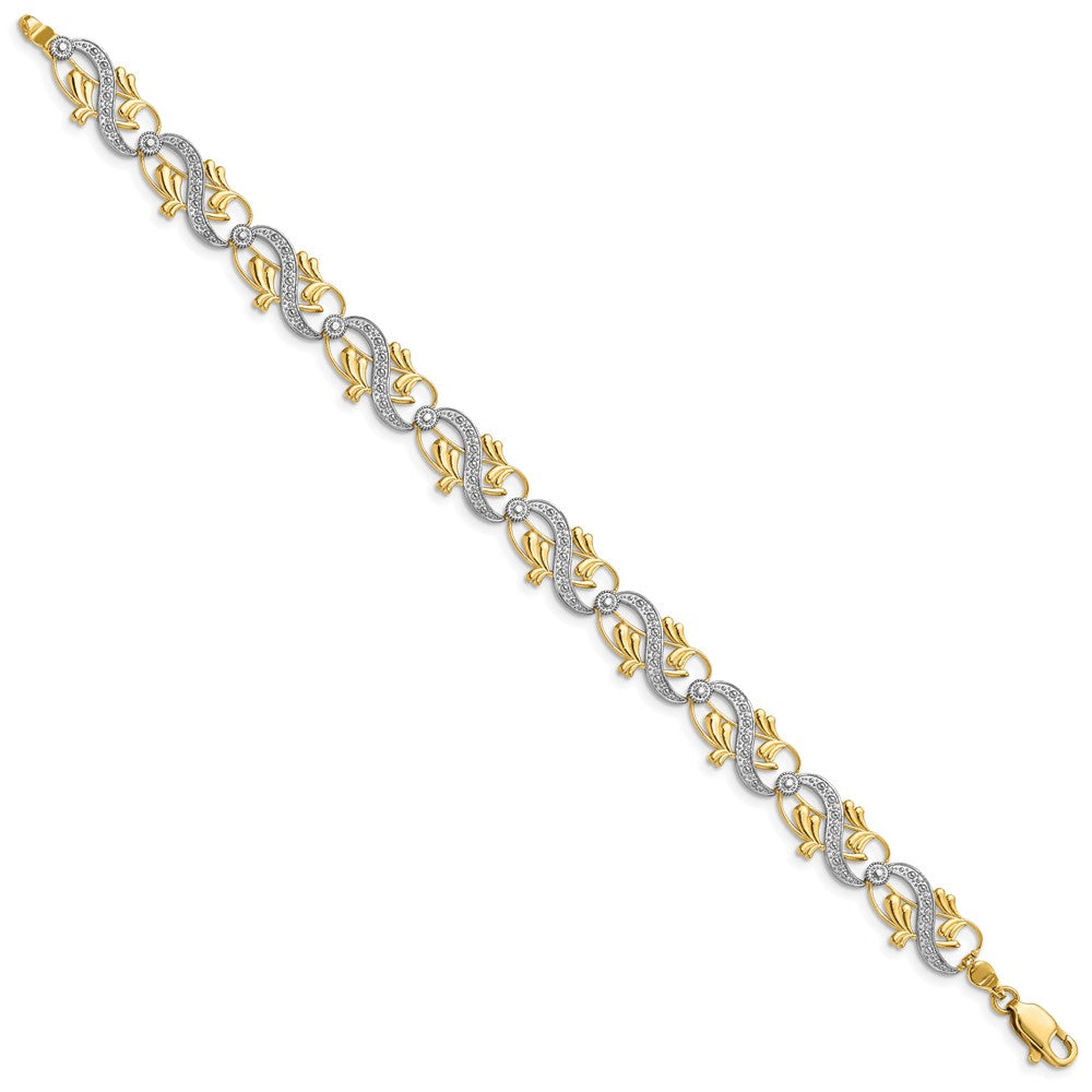 14K and White Rhodium Diamond-Cut Fancy Waves and Leaves Bracelet 9.7mm - Bracelets