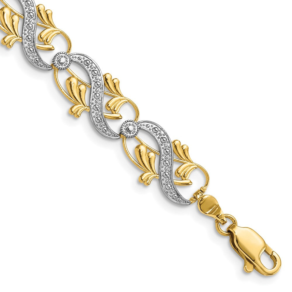 14K and White Rhodium Diamond-Cut Fancy Waves and Leaves Bracelet 9.7mm - Bracelets