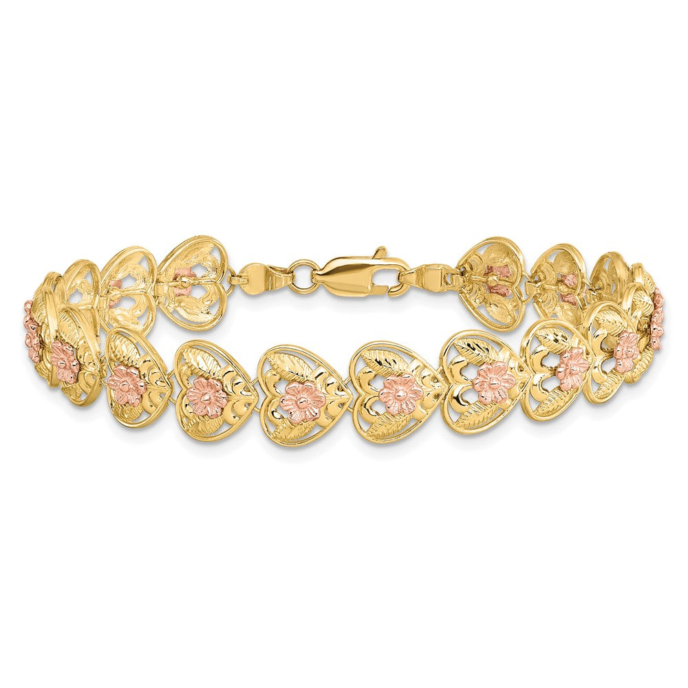 14k Two-tone Diamond-cut Hearts with Flowers Bracelet 9.1mm - Bracelets