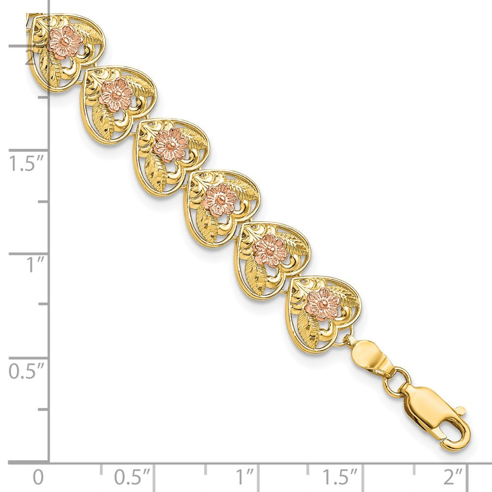 14k Two-tone Diamond-cut Hearts with Flowers Bracelet 9.1mm - Bracelets