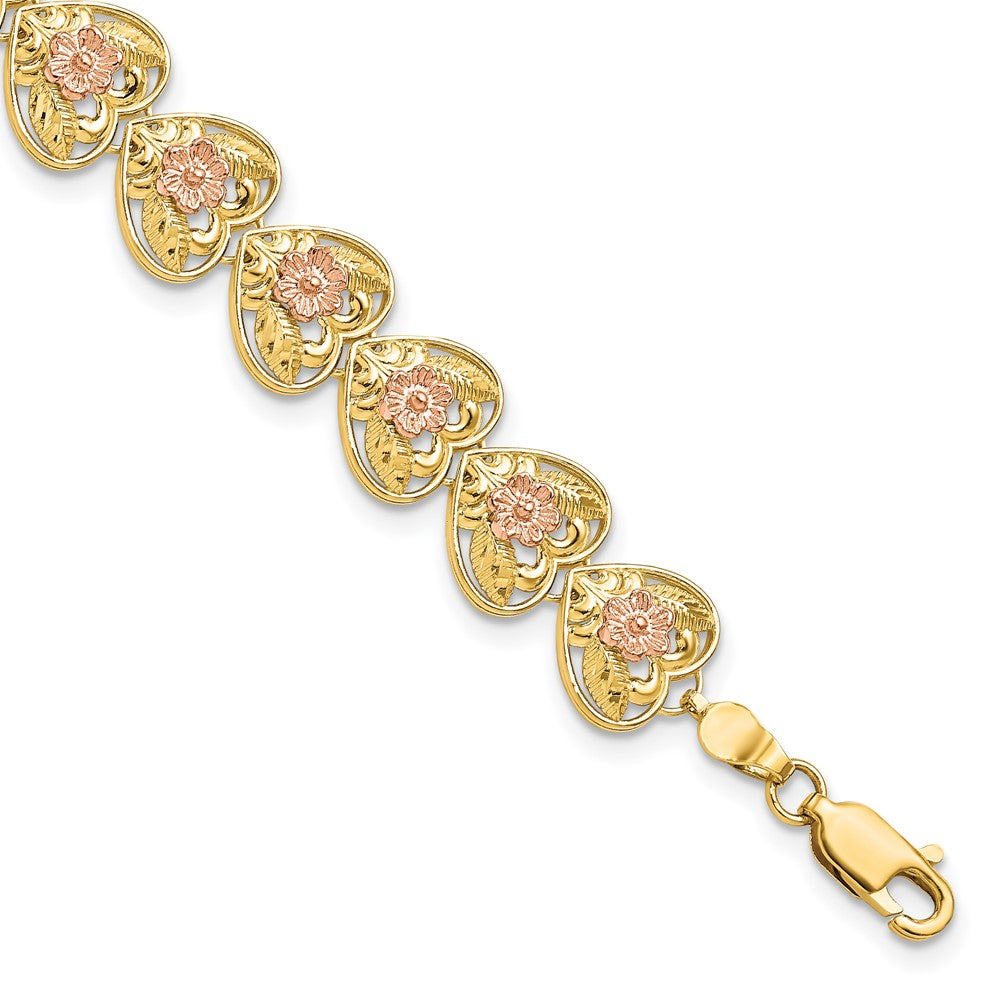 14k Two-tone Diamond-cut Hearts with Flowers Bracelet 9.1mm - Bracelets