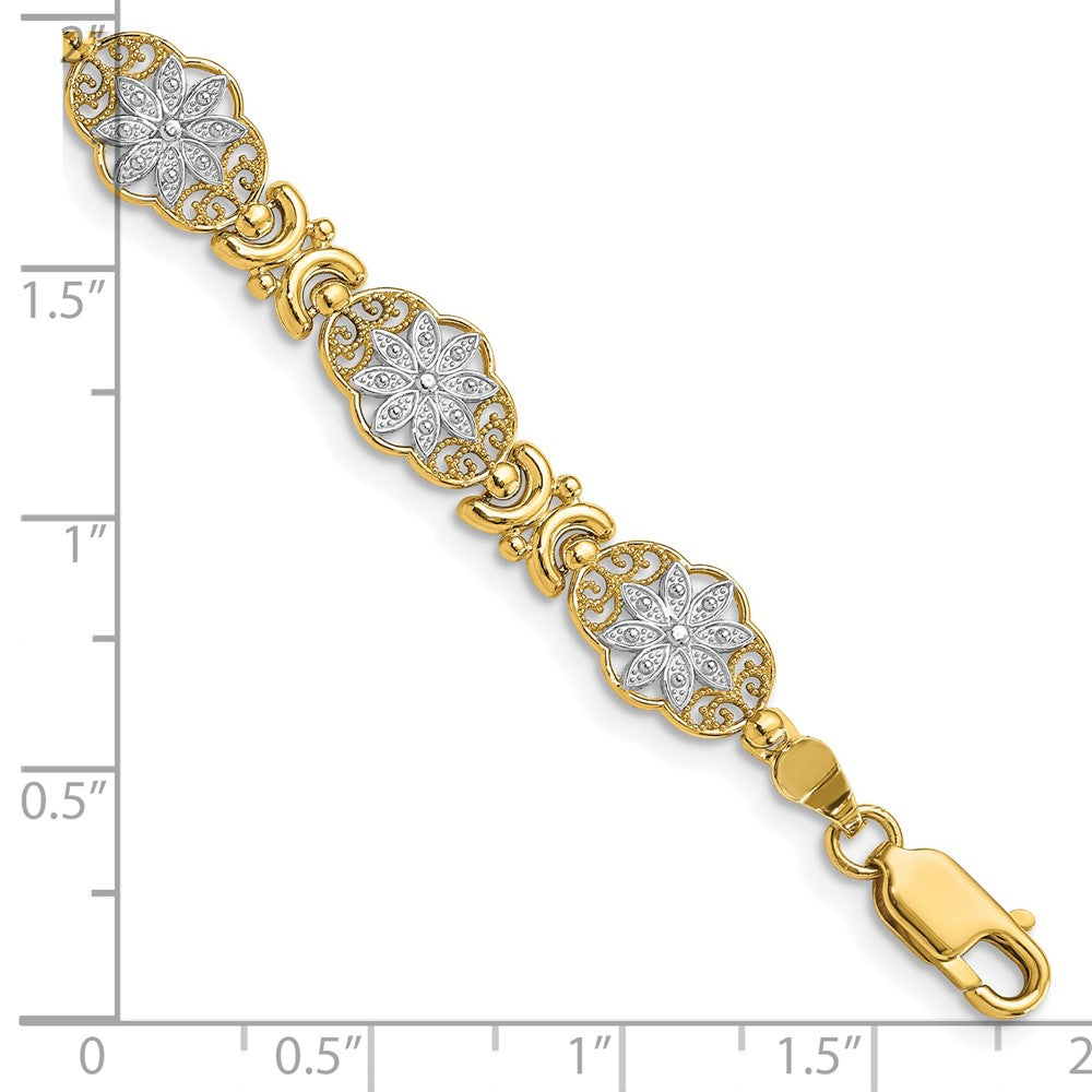 14k and White Rhodium Polished and Textured Fancy Floral Link Bracelet 8.6mm - Bracelets