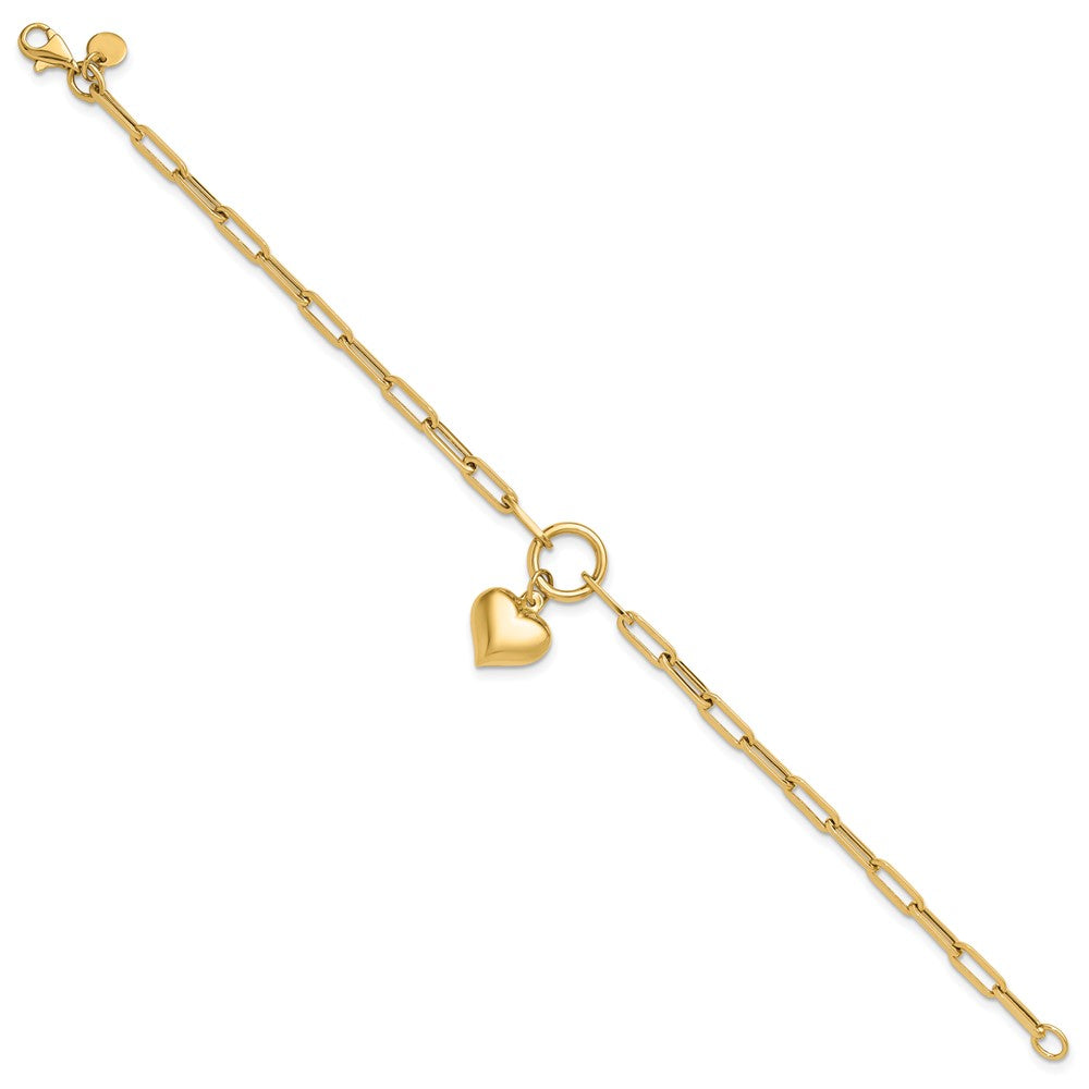 14K Polished Puffed Heart Dangle Paper Clip Link Bracelet 12.3mm - Bracelets