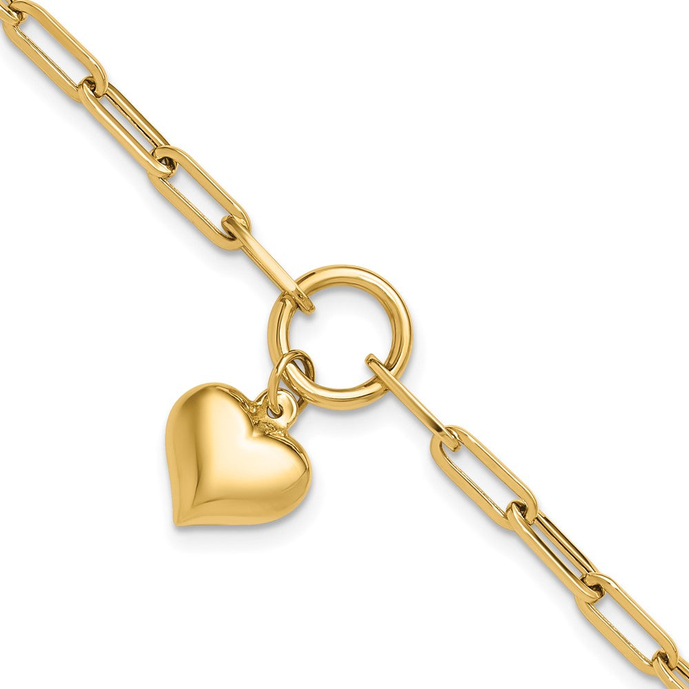 14K Polished Puffed Heart Dangle Paper Clip Link Bracelet 12.3mm - Bracelets