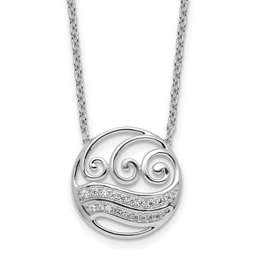 14K White Gold Polished 1/6 carat Diamond Circle with Waves 18 inch Necklace