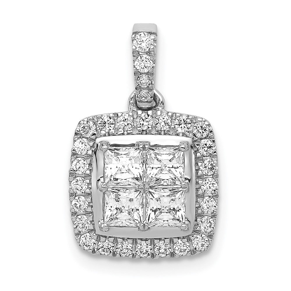14k White Gold 1 carat Diamond Square Halo Cluster Pendant