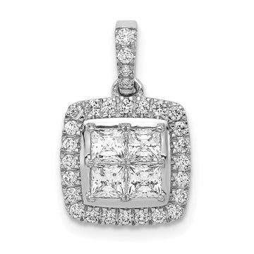 14k White Gold 1 carat Diamond Square Halo Cluster Pendant