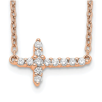 14k Rose Gold 1/6 carat Diamond Sideways Cross 18 inch Necklace