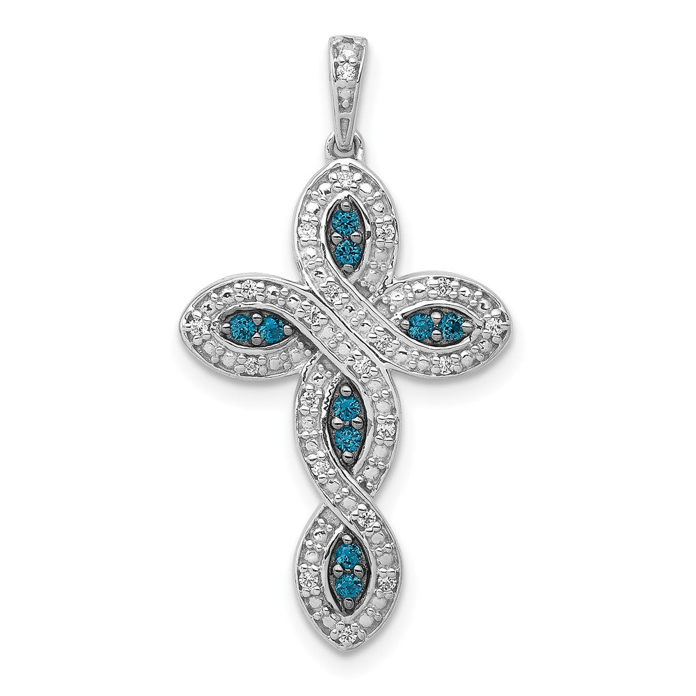 14k White Gold White and Blue Diamond Cross Pendant