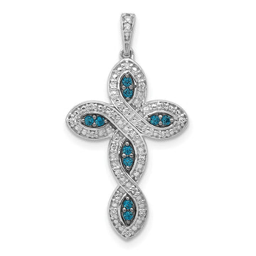 14k White Gold White and Blue Diamond Cross Pendant