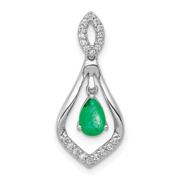 14k White Gold Diamond and Pear Emerald Teardrop Dangle Pendant