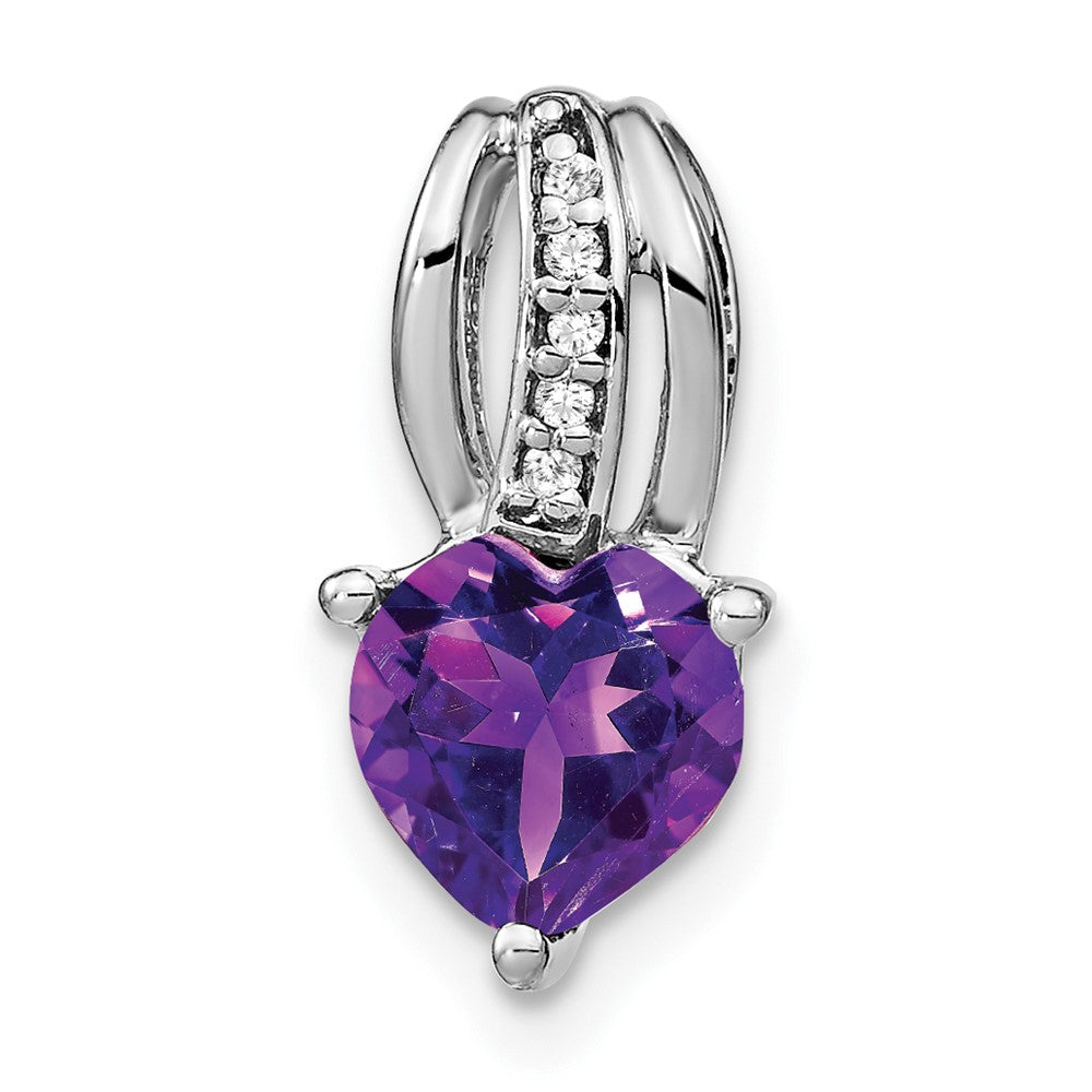 14k White Gold Heart Amethyst and Diamond Pendant 7.75mm - Chains