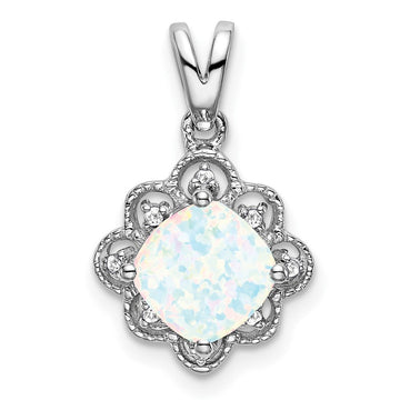 14k White Gold Created Opal and Diamond Scalloped Pendant
