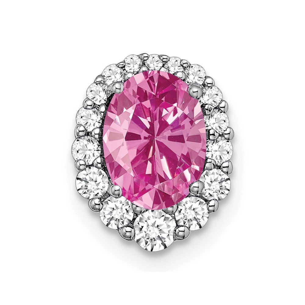 14k White Gold Oval Lab Created Pink Sapphire and Diamond Halo Chain Slide