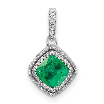 14k White Gold Cushion Emerald and Diamond Pendant with Side Diamond Detail