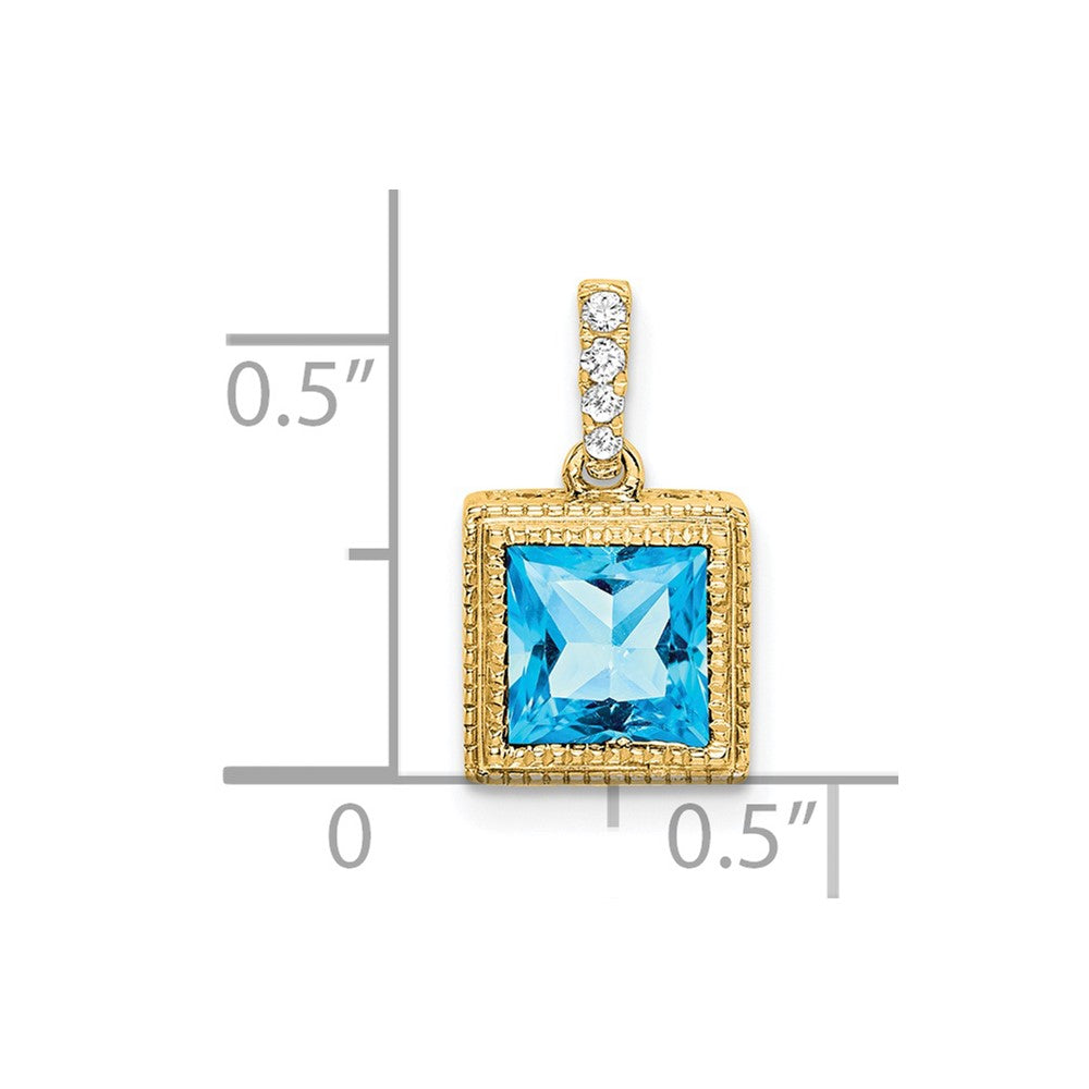 14k Square Blue Topaz and Diamond Pendant 8.3mm - Chains
