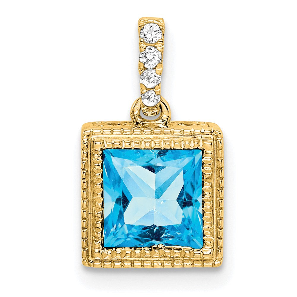 14k Square Blue Topaz and Diamond Pendant 8.3mm - Chains