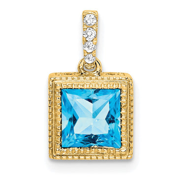 14k Square Blue Topaz and Diamond Pendant 8.3mm - Chains