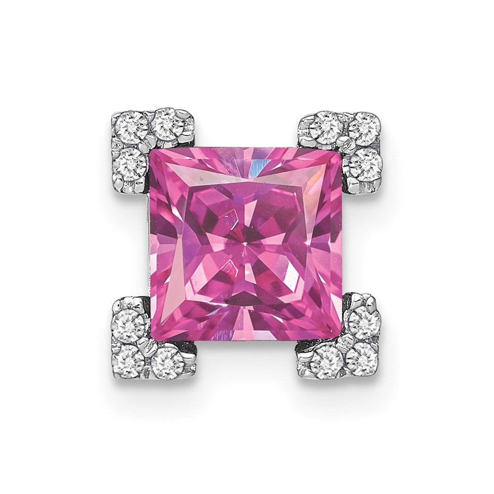 14k White Gold Square Lab Created Pink Sapphire and Diamond Chain Slide
