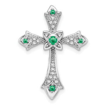 14k White Gold Emerald and Diamond Fleur de Lis Cross Chain Slide