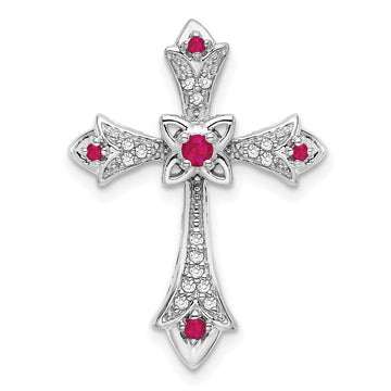 14k White Gold Ruby and Diamond Fleur de Lis Cross Chain Slide