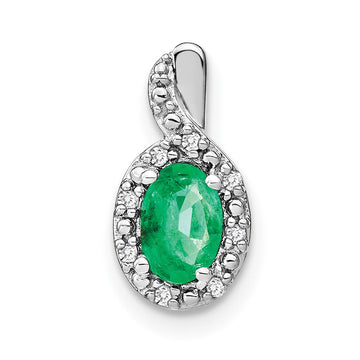 14k White Gold 6x4mm Oval Emerald and Diamond Halo Pendant
