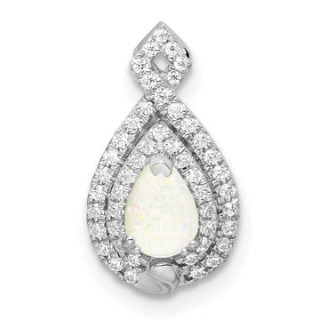 14k White Gold Polished Pear Opal & Diamond Chain Slide