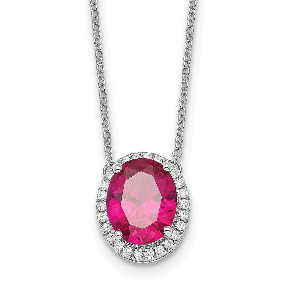 14k White Gold 10x8mm Oval Lab Created Ruby and Diamond Halo 18 inch Necklace