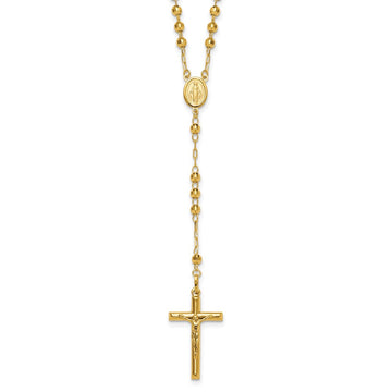 14k Polished Crucifix and Miraculous Medal with 4mm Mirror Beads Semi-solid 24 inch Rosary Necklace