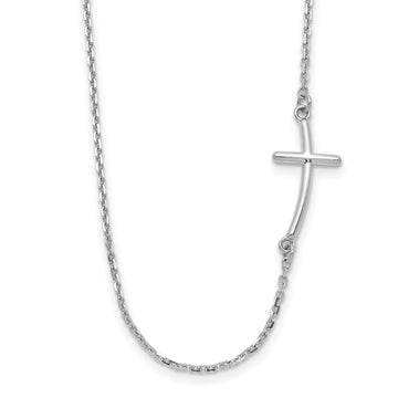 14k White Gold Polished Small Sideways Curved Cross 19 inch Necklace