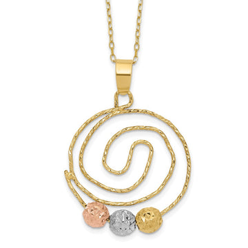 14k Tri-color Diamond-cut Beads on Spiral Pendant 18 inch Necklace