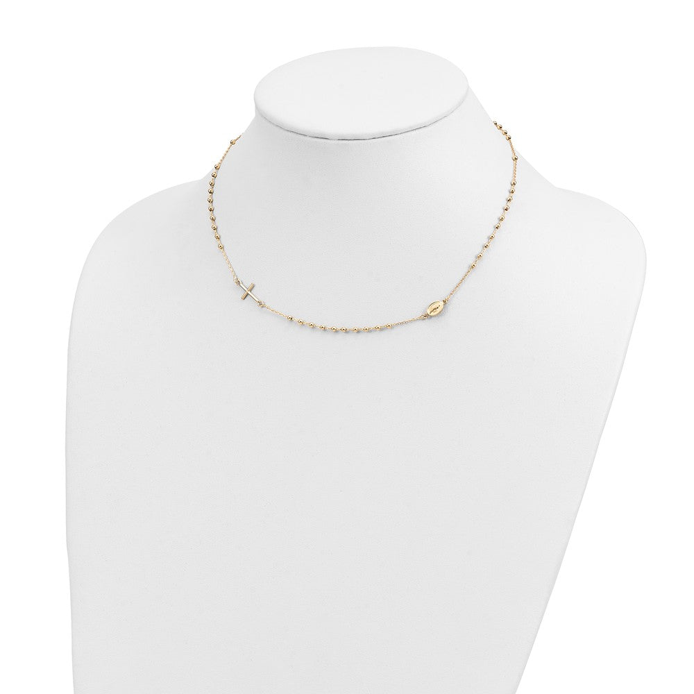 14k Polished Cross and Miraculous Medal Beaded Rosary Design Necklace 7.9mm - Chains