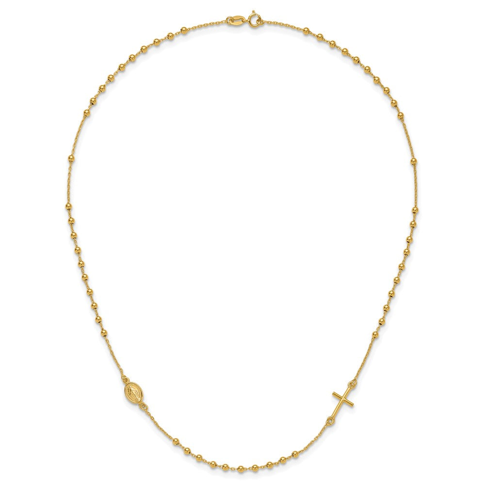 14k Polished Cross and Miraculous Medal Beaded Rosary Design Necklace 7.9mm - Chains