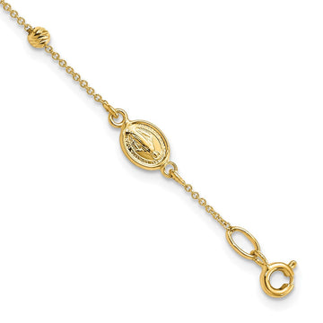 14k Polished Cross and Miraculous Medal with Diamond-cut Beads 6 inch Childs Rosary Bracelet with 0.75 inch Extender