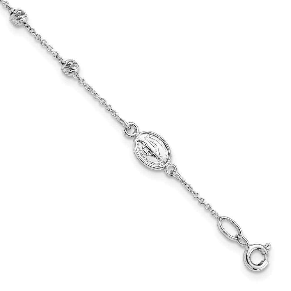 14k White Gold Polished Cross and Miraculous Medal with Diamond-cut Beads 6 inch Childs Rosary Bracelet with 0.75 inch Extender